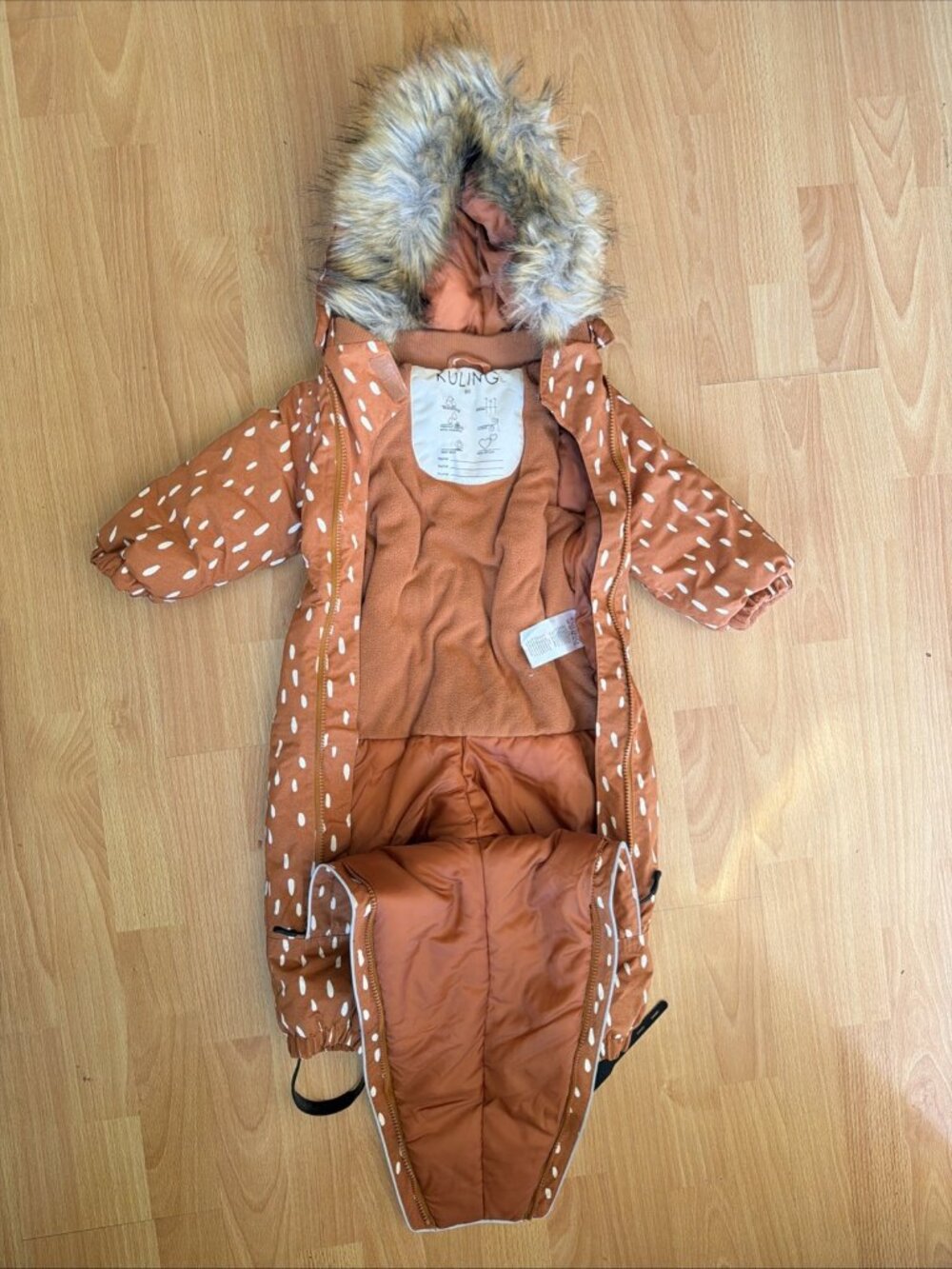 Kids Snow Suit 12M KULING 80cm Boys Girls Burnt Orange Zip Up Fur Hoodie - Picture 9 of 12